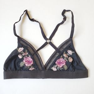 Rose + VINE Black bralette with pink floral embroidery and Mesh